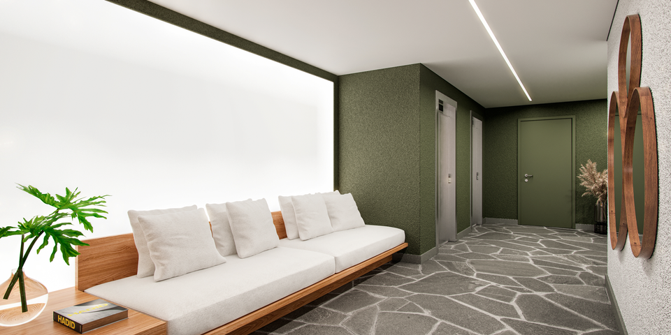 Hall de entrada decorado com acesso aos dois elevadores (social e serviço). Artus, da AMX Property. Bairro Passo D'Areia, Porto Alegre, RS.