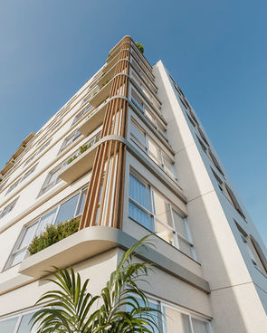 Fachada moderna com ripados e revestimentos de alto padrão de qualidade com plaquetas cerâmicas e pintura com textura. Artus, da AMX Property. Bairro Passo D'Areia, Porto Alegre, RS. 