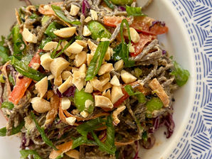 Cooking Class Demonstration on how to make soba (buckwheat) noodles with peanut sauce and a rainbow of vegetables