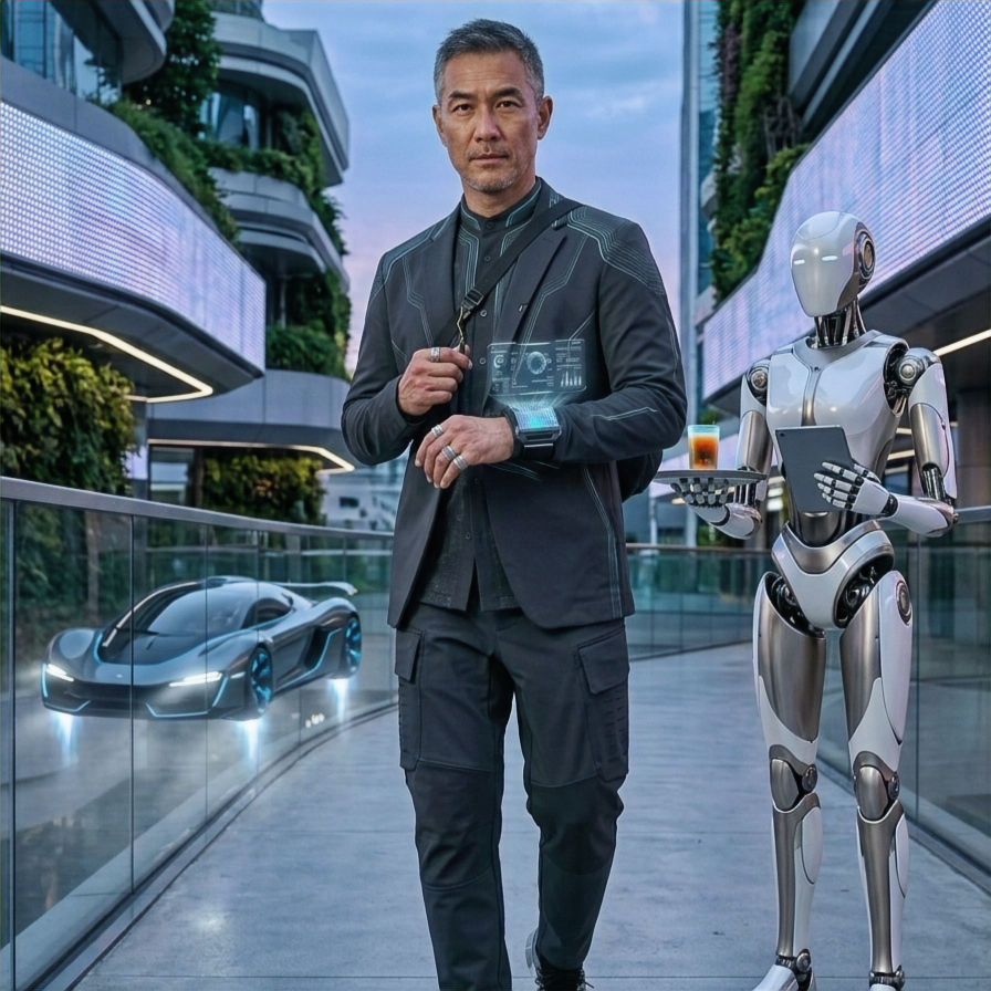 Man in a black futuristic suit stands beside a robot server with a tablet and drink in a sleek city walkway, with a hover car nearby.