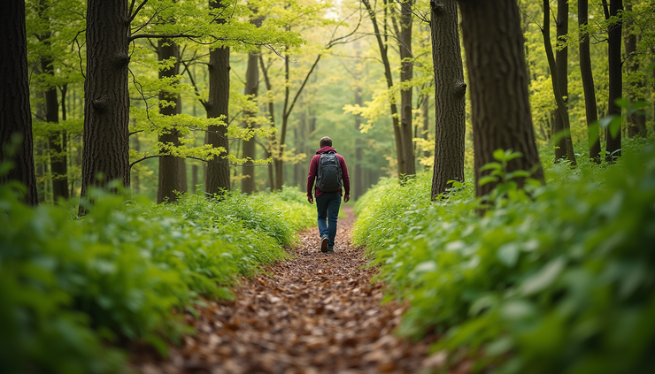 Eye-level view of a man hiking on a forest trail in spring