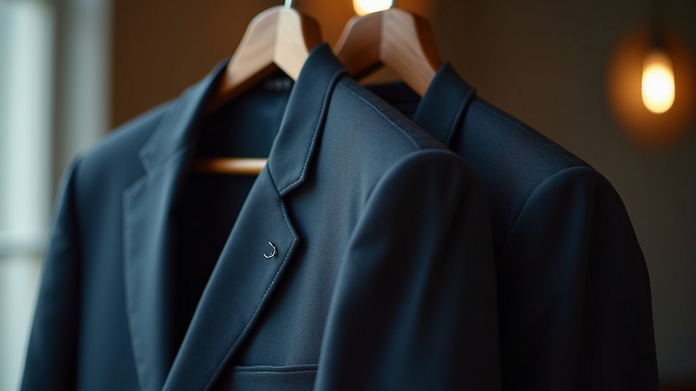 Eye-level view of a classic tailored suit hanging on a wooden hanger