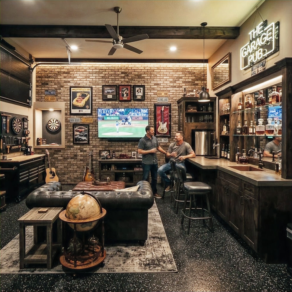 Garage-style pub with two men chatting at the bar, baseball on TV, and neon sign The Garage Pub in a cozy brick room.