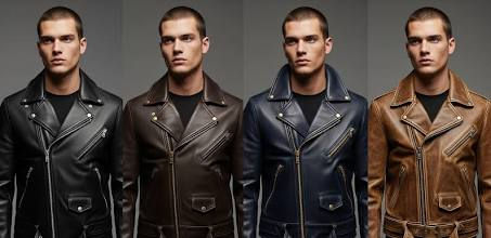 Four male models stand in a row wearing black, dark brown, navy, and tan leather jackets against a gray background.