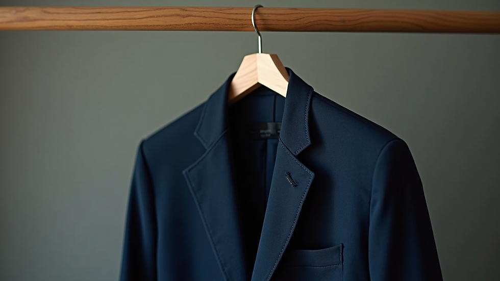 Eye-level view of a classic navy blazer hanging on a wooden hanger