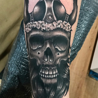 Black and Grey Viking Skull Tattoo
