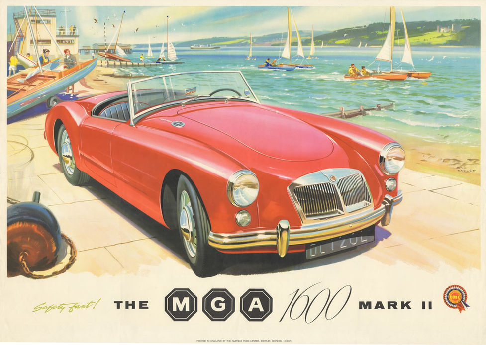 1961 Poster for the MGA 1600 Mk II. Original artwork by Laurence Bagley.