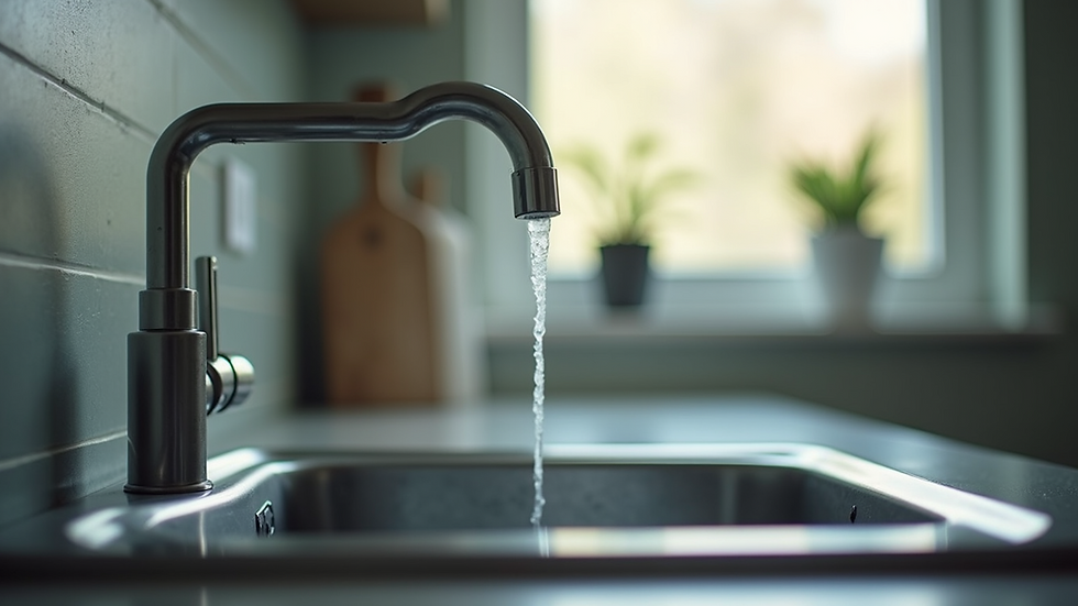 Eye-level view of a dripping kitchen faucet