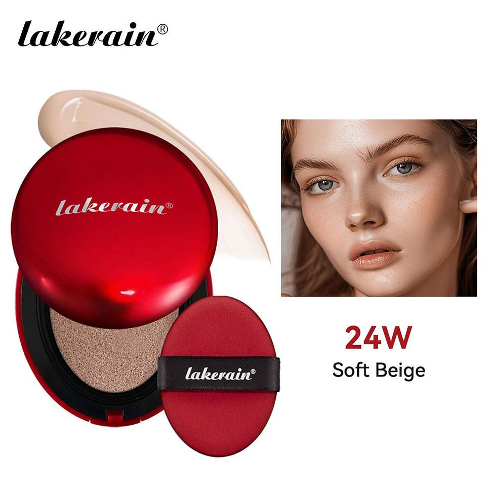 Thumbnail: Lakerain compact foundation, soft beige swatch, and model, shade 24W