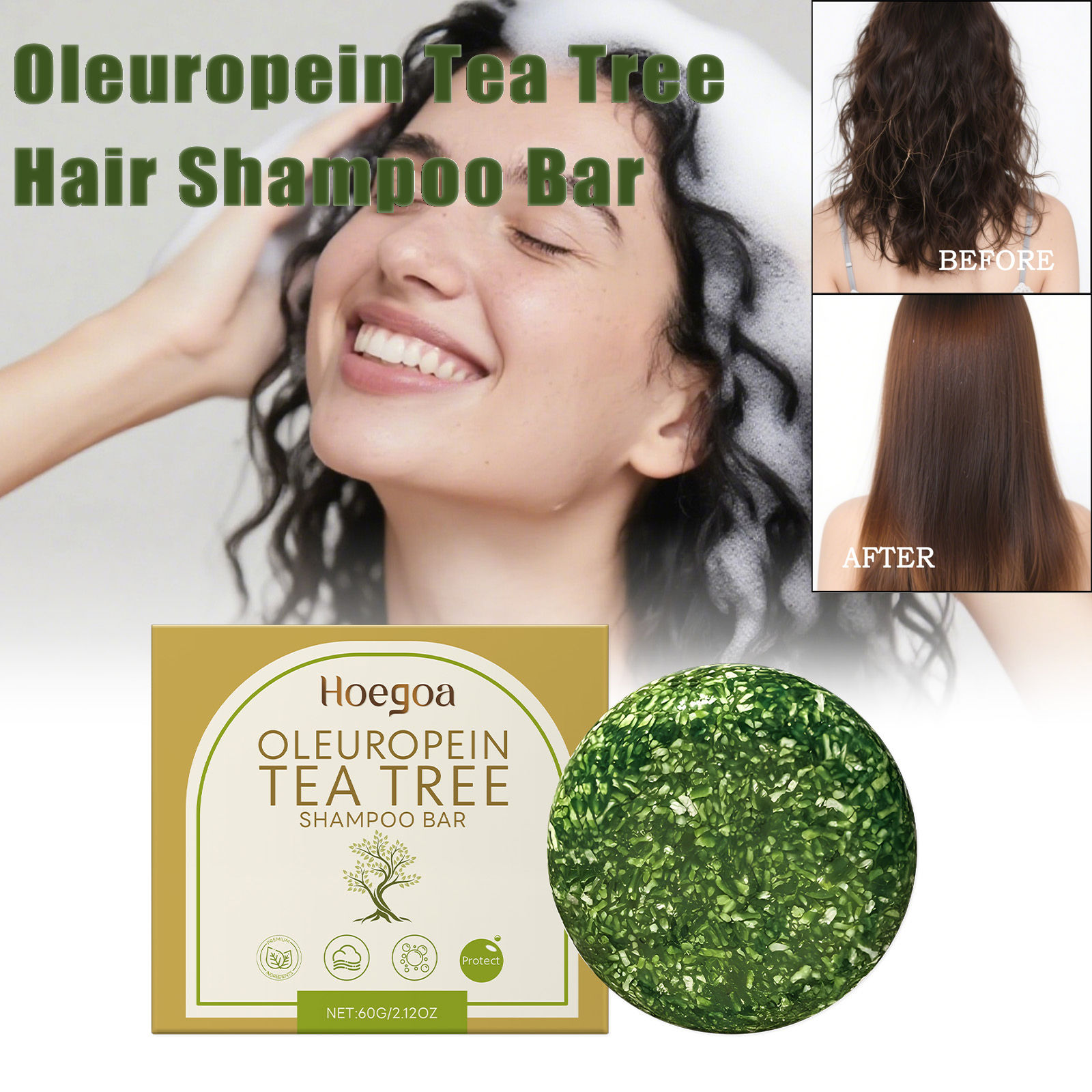 Oleuropein Tea Tree Hair Shampoo Bar packaging and hair results