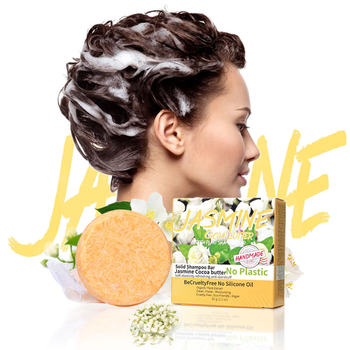 Jasmine shampoo bar, woman with foamy hair, Sustainable No-Plastic