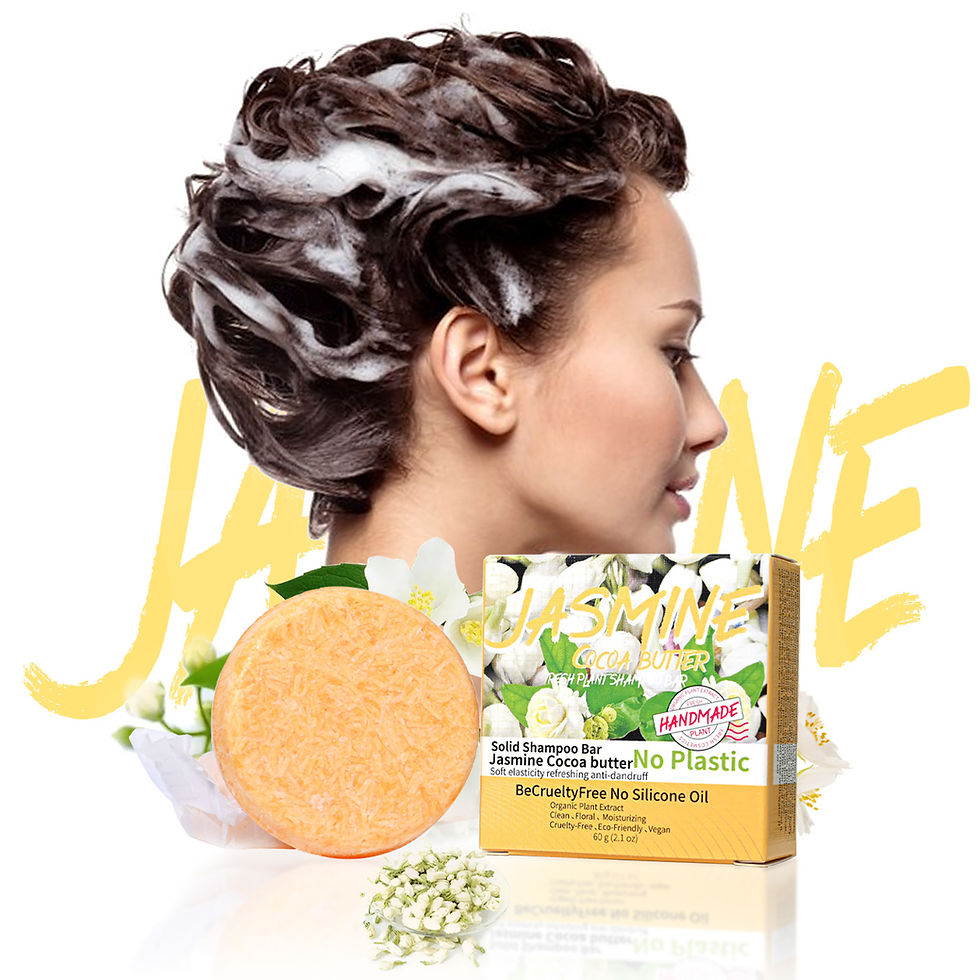 Jasmine shampoo bar, woman with foamy hair, Sustainable No-Plastic