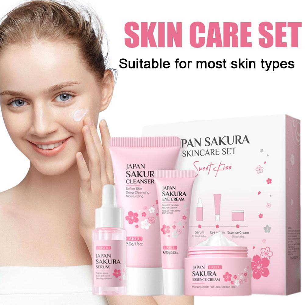 Woman applying face cream with Japan Sakura Skin Care Set