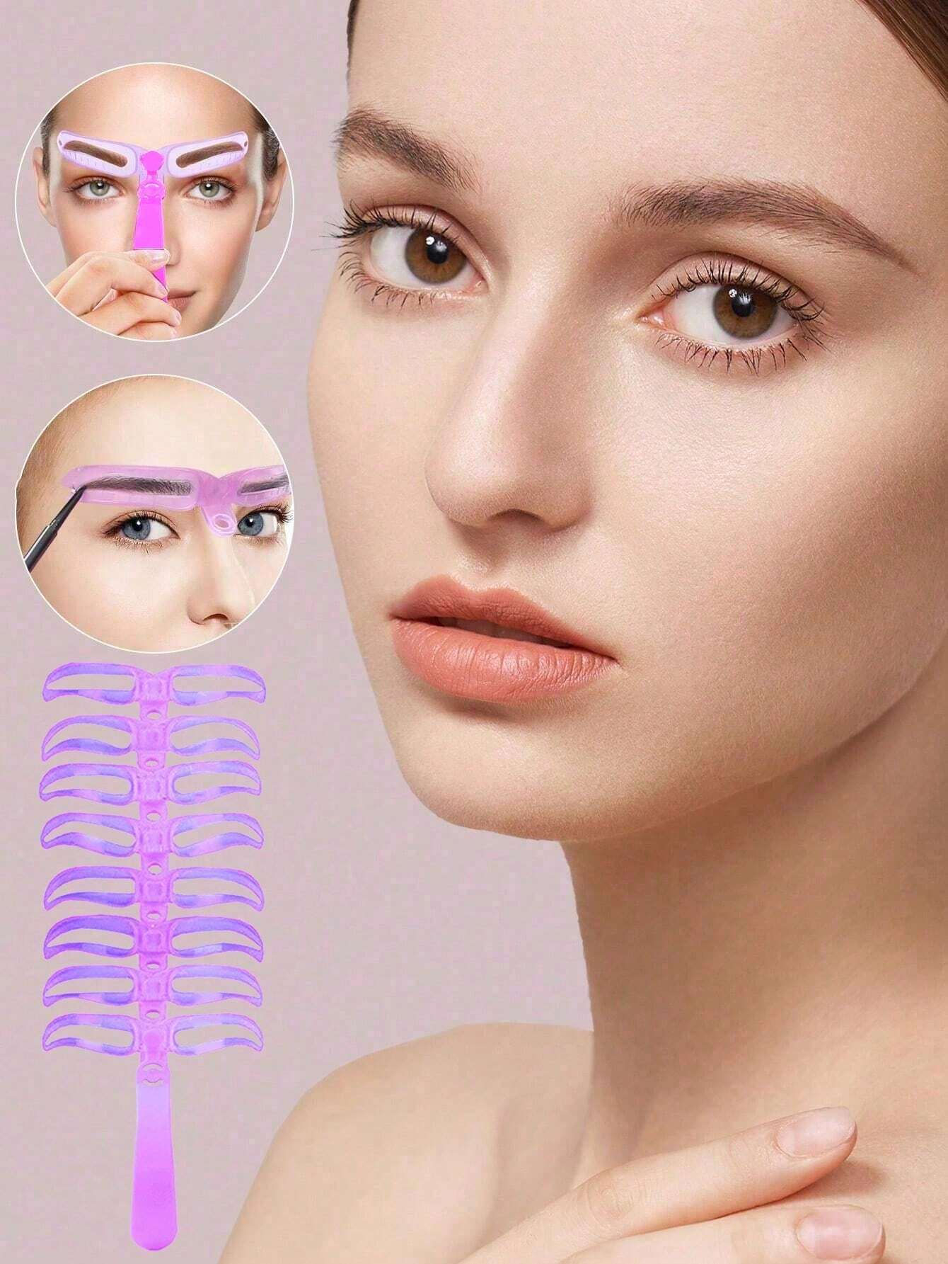 Woman with eyebrow template, showing multiple reusable stencils