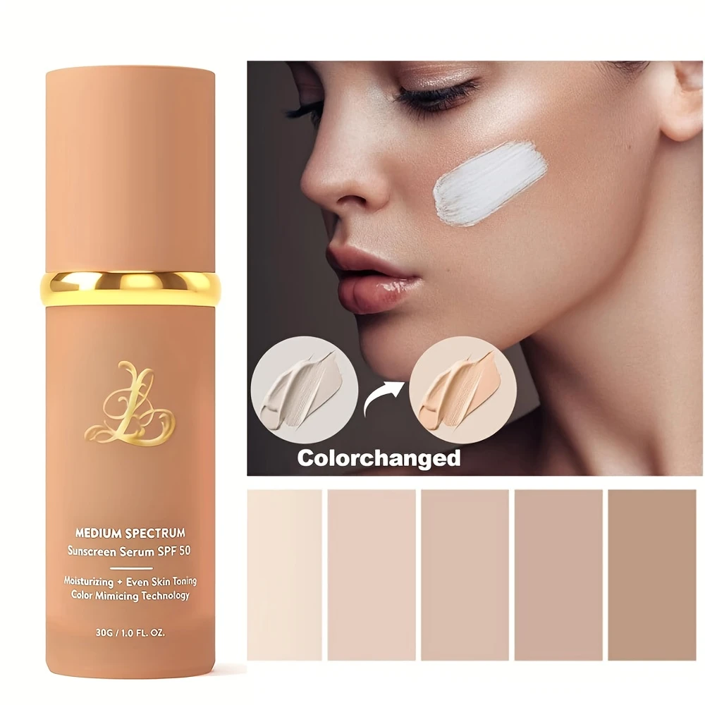 Liquid foundation with color-changing effect and shade swatches