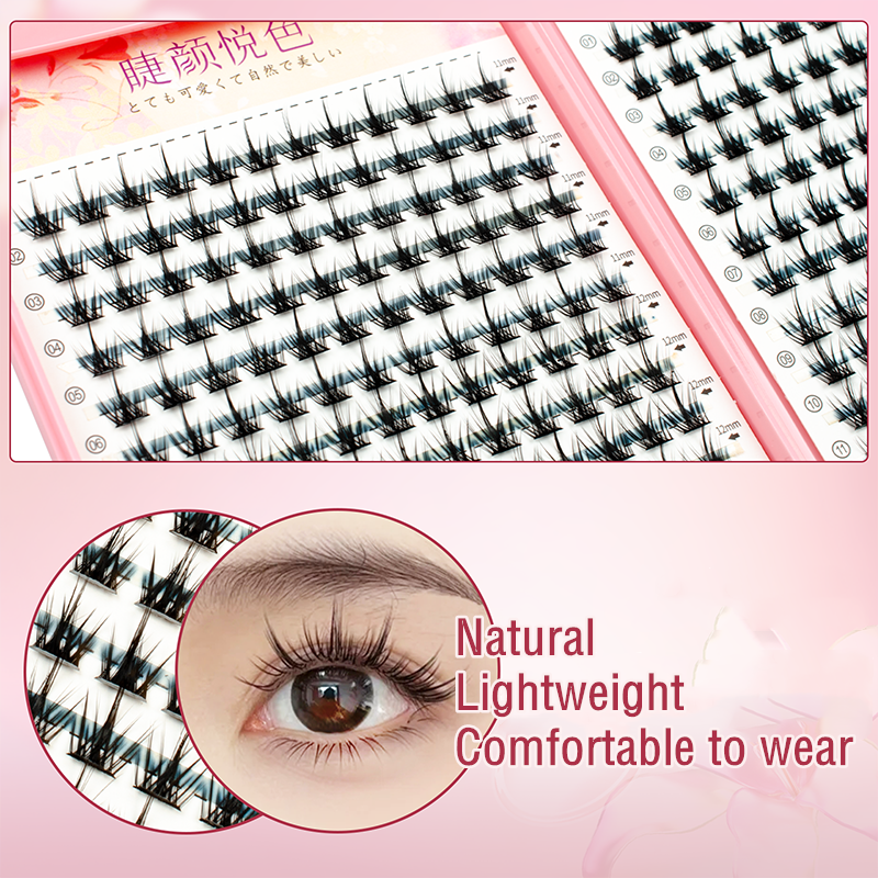 Thumbnail: Cluster eyelash extensions applied to an eye, described as Natural, Lightweight, Comfortable to wear.
