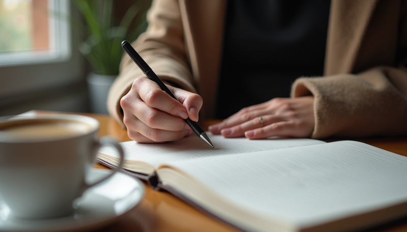 e.g. woman writing in a book at a desk