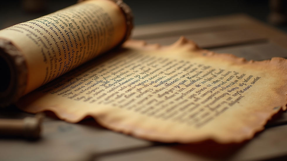 Close-up view of an ancient scroll with biblical text