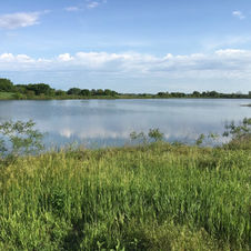 Beautiful sky with a few clouds floating over a lake.
