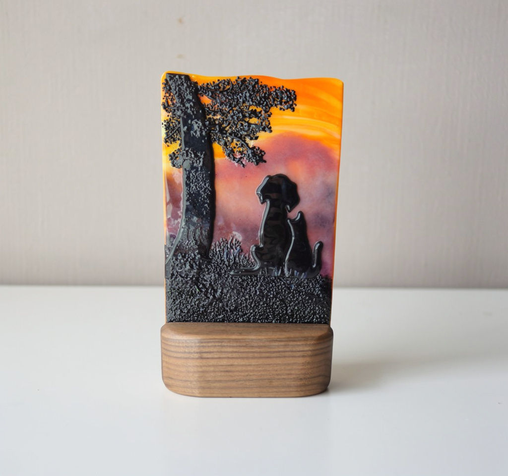 "Besties at Sunset" Kiln-formed Glass Art Panel with Stand