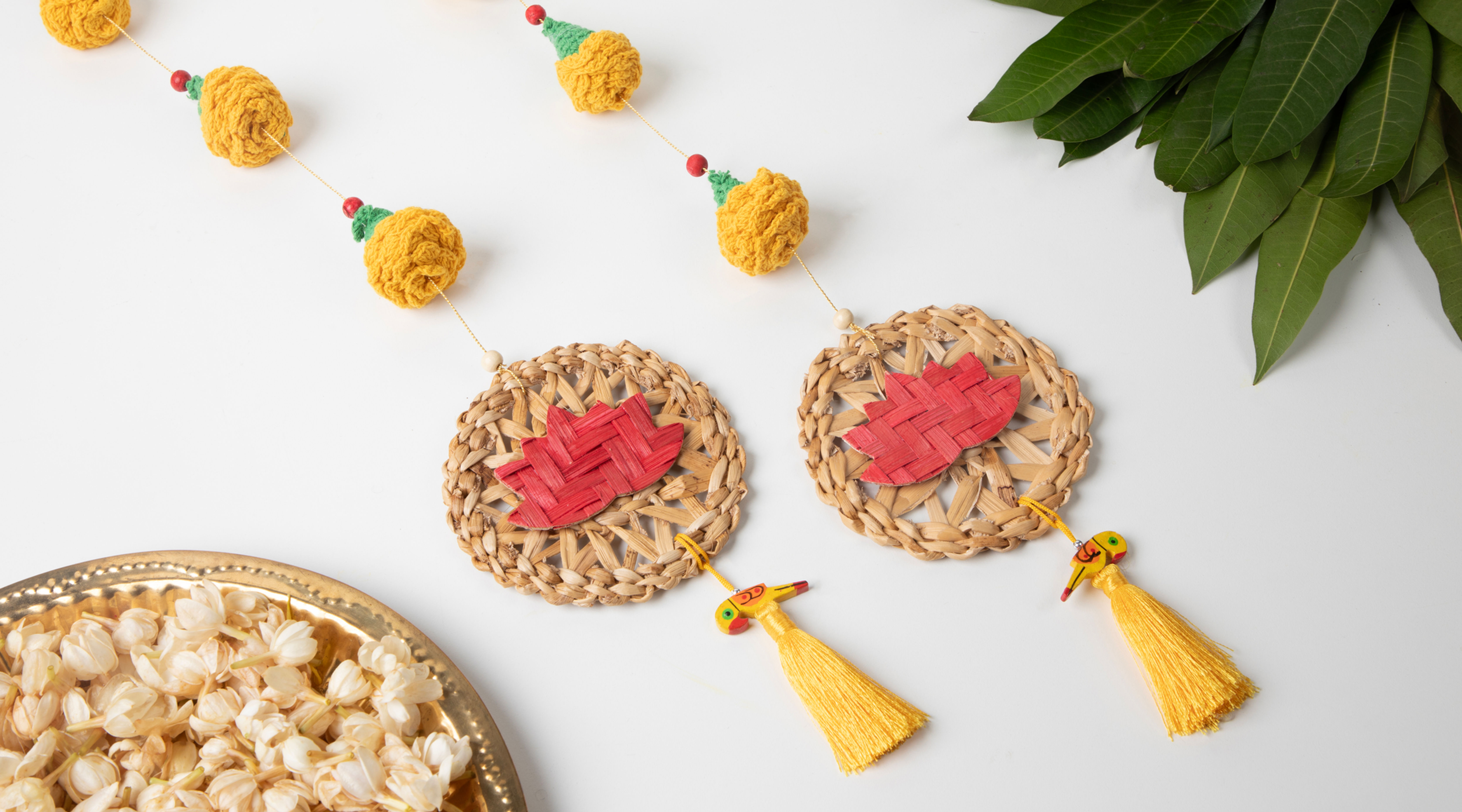 Marigold Lotus Handcrafted Banana & Bamboo Hanging - Set of 2