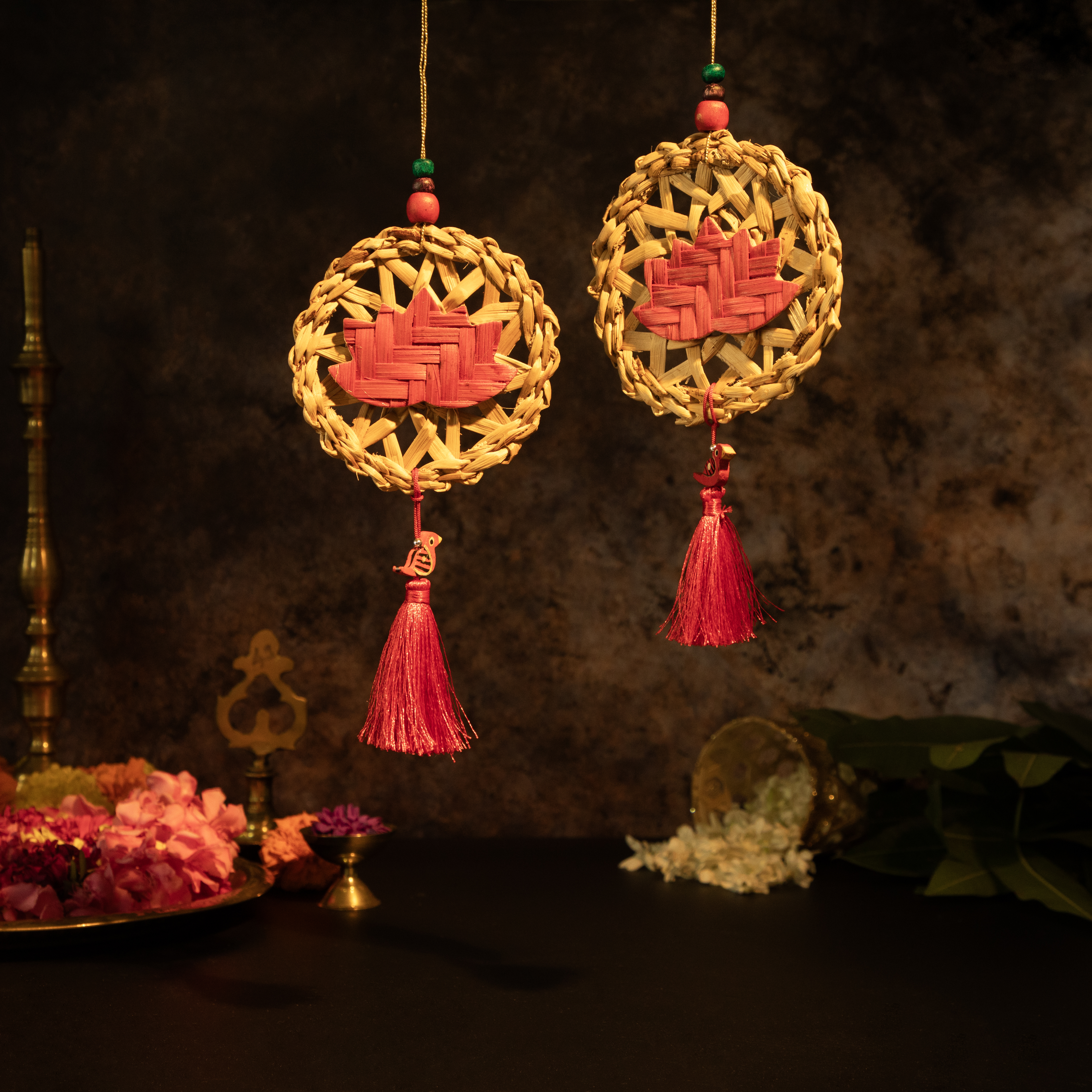 Chakra Lotus Handcrafted Banana & Bamboo Hanging - Set of 2