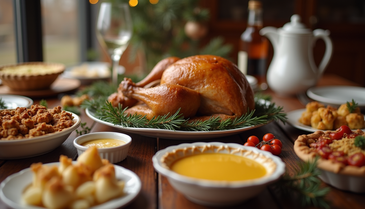 Close-up view of a holiday dinner table with various dishes, excluding dog-safe foods