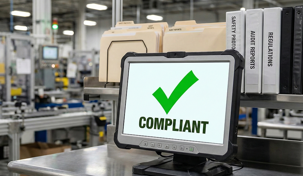A computer screen in a factory with a green checkmark and the word "Compliant" on it