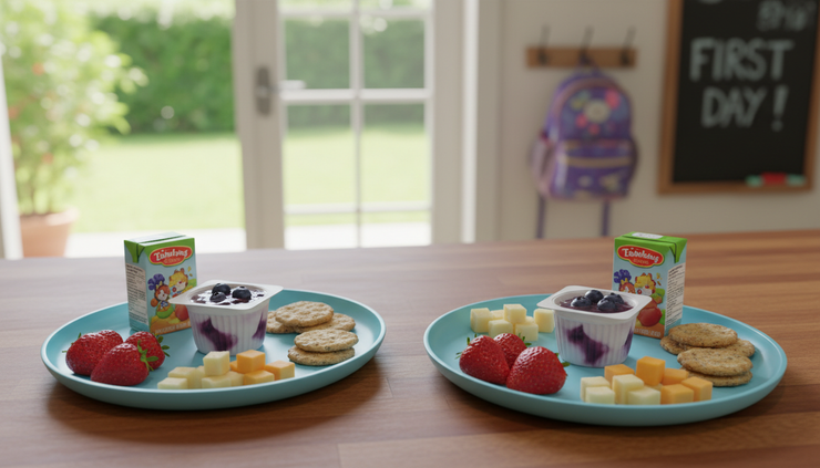 Eye-level view of two children’s snack plates with strawberries, cheese, crackers, and yogurt cups.