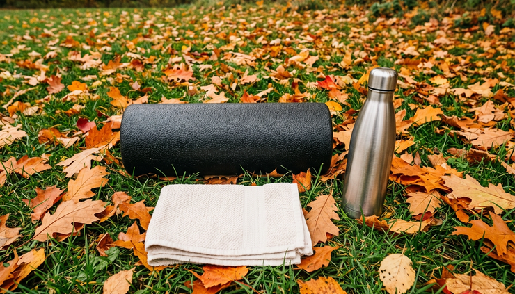 Overhead view of a foam roller, water bottle, and clean towel on grass near fall leaves.