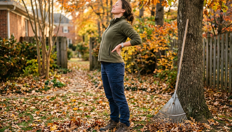 Eye-level view of a person stretching their back beside a rake in an autumn yard.
