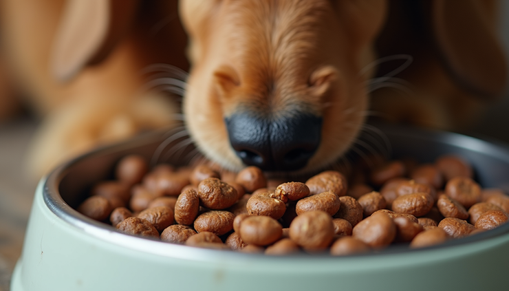 Close-up view of a dog eating from a bowl with mixed old and new food