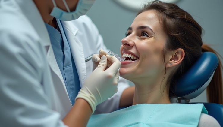 Close-up view of Invisalign aligners being fitted by an orthodontist in a dental office