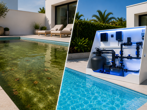 Vergleich zwischen trübem Poolwasser bei Sommerhitze und kristallklarem Pool mit moderner integrierter Pooltechnik.