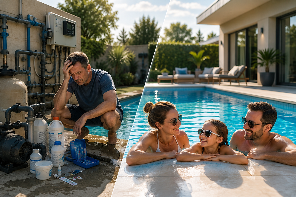 Poolbesitzer mit wartungsintensivem Pool im Vergleich zu einer Familie, die ihren Pool entspannt genießt