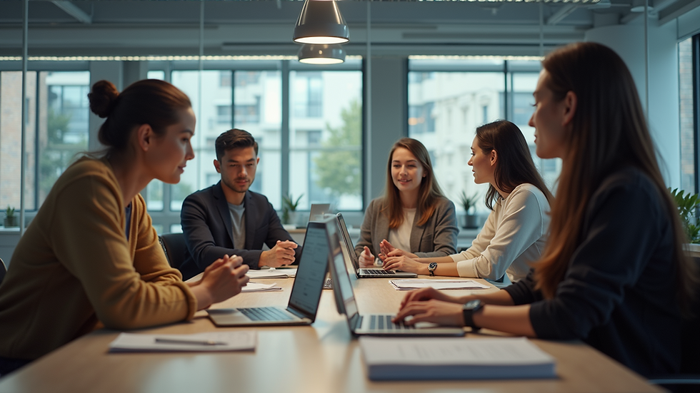 Eye-level view of a diverse team collaborating in a modern office space