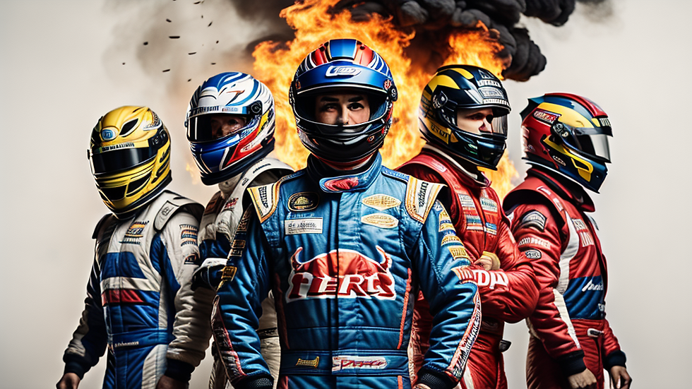 AI Generated Image - Prompt: NASCAR drivers pose flames background with helmets