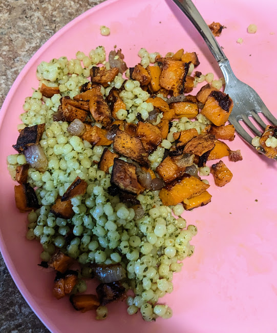 Delicious Pesto Couscous with Sweet Potatoes and Red Onions