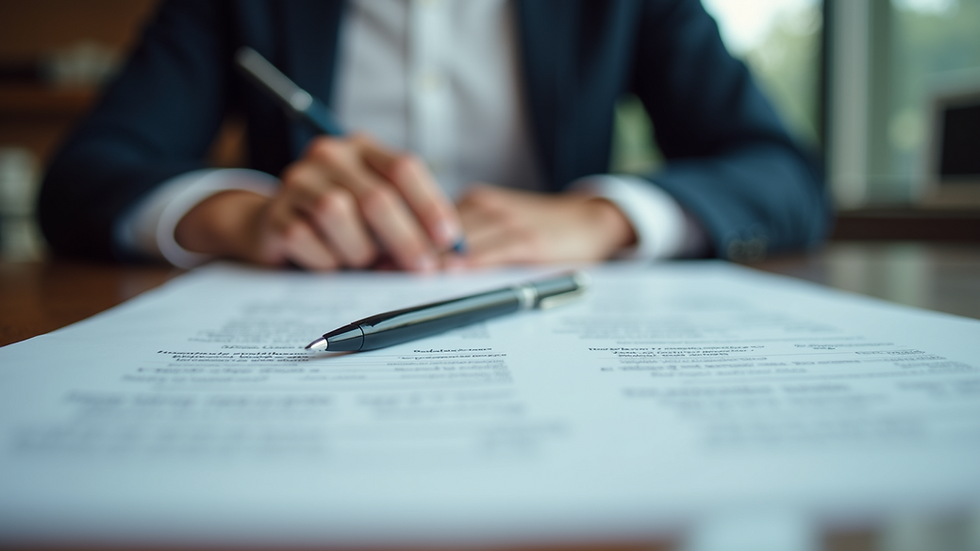 Eye-level view of a mediator's table with documents and a pen