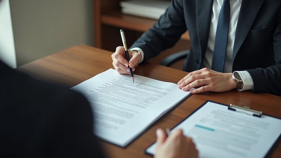 High angle view of a professional mediator reviewing documents in an office