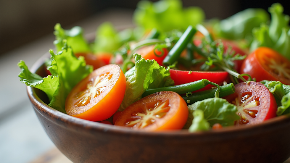 Close-up view of a colorful salad bowl filled with fresh vegetables
