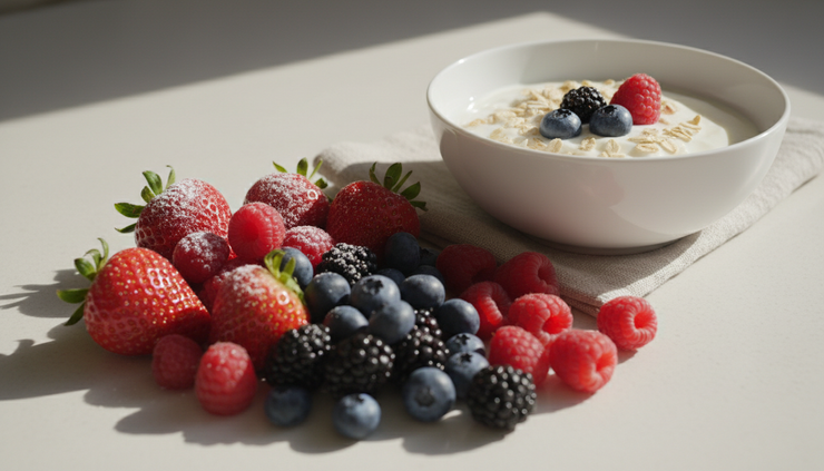 Close-up of fresh berries arranged beside oats and yogurt.