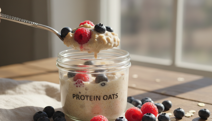 Eye-level view of a spoon scooping berry protein oats from a jar.