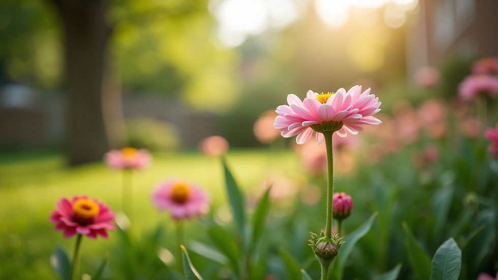 Eye-level view of a serene garden with blooming flowers