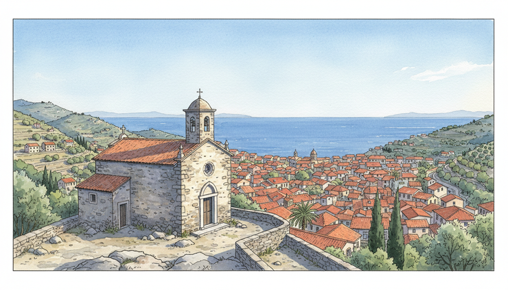 Wide-angle view from Monte Calvario over Porto Maurizio and the Ligurian Sea.