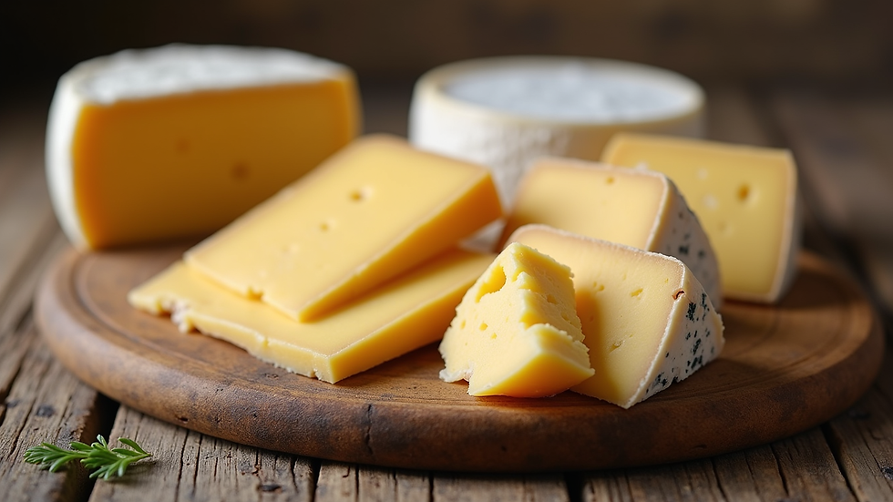 Close-up view of a rustic wooden board with various Ligurian cheeses