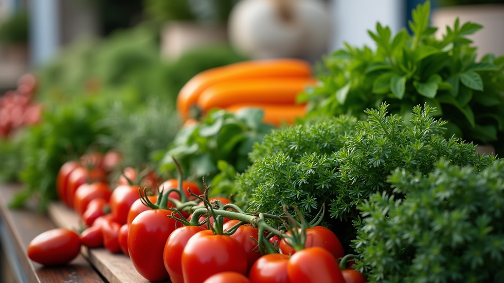 Close-up view of fresh Mediterranean herbs and vegetables arranged for yacht provisioning