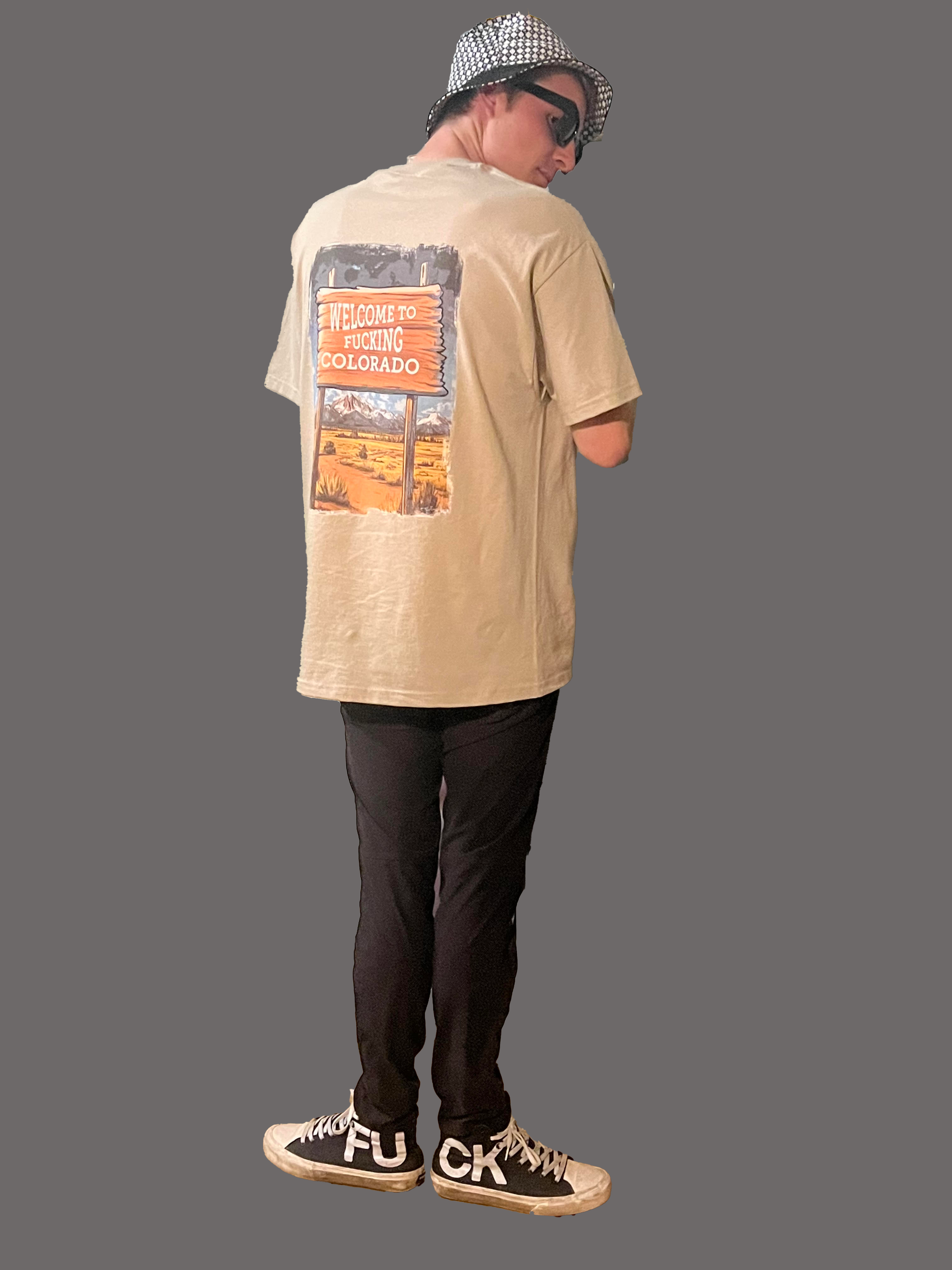 CFR founder Sasha wearing Colofuckingrado apparel and FU CK shoes
