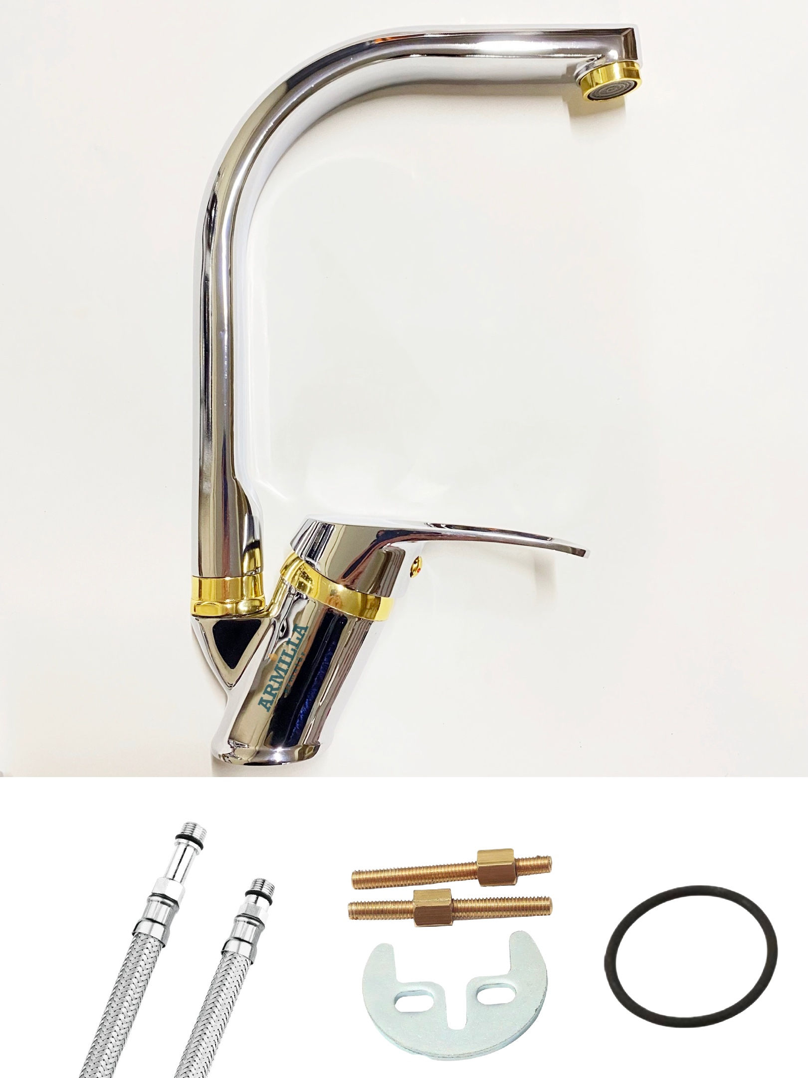 Balıksırtı Borulu Krom Gold Mutfak Eviye Musluğu Bataryası