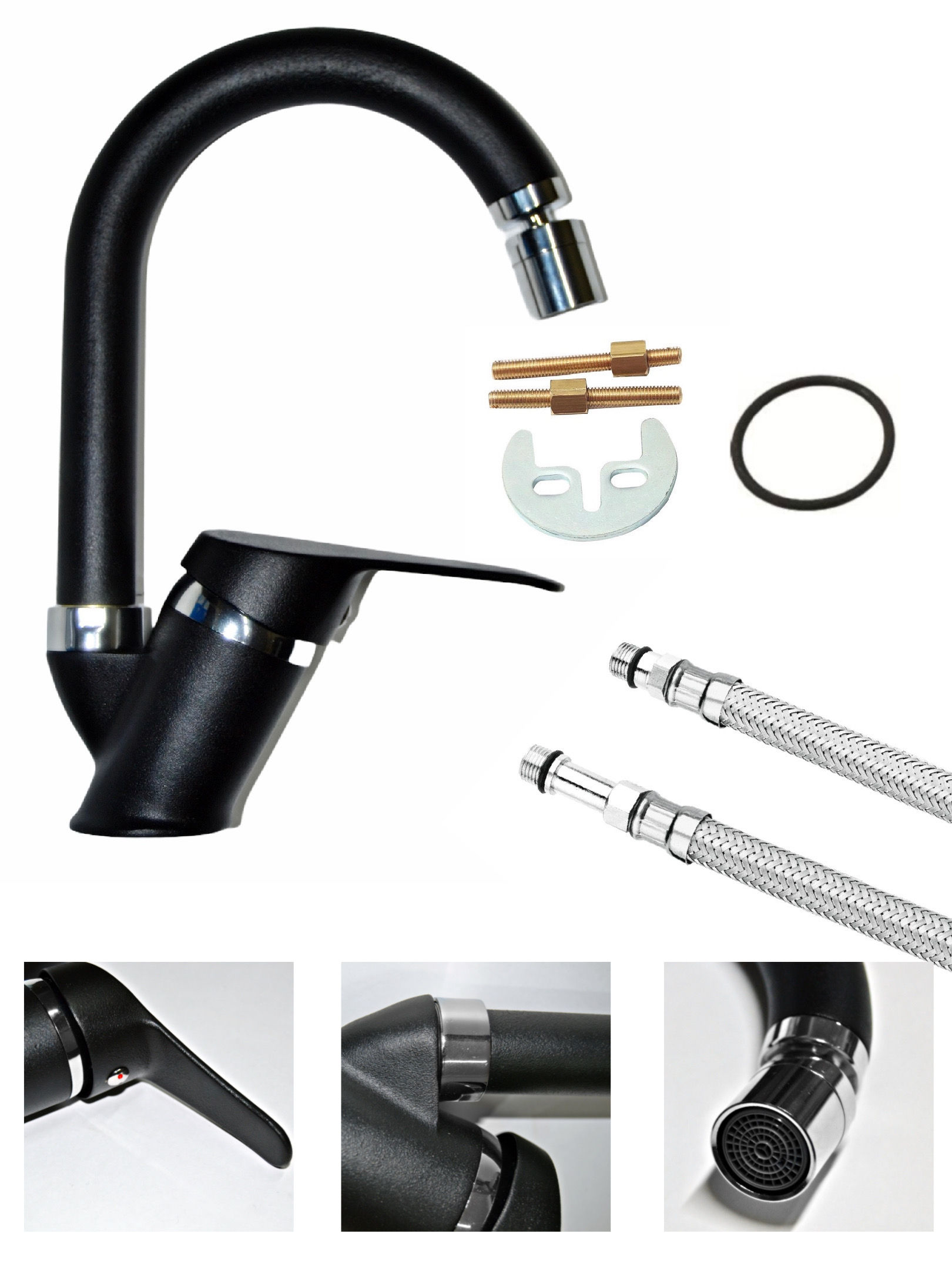 360 Derece Hareketli Başlıklı Siyah Krom Sıcak Soğuk Su Girişli Banyo Lava